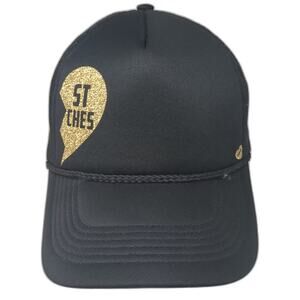 Mother Trucker Hat Black Gold OS Mesh Snapback Heart Stitches Adjustable Braid